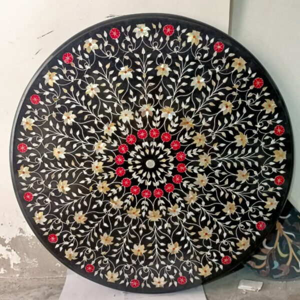 Custom Marble Inlay Table Top | Round Dining and Coffee Table