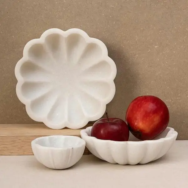 White Marble Petal Bowl: Handcrafted Stone Catchall Dish