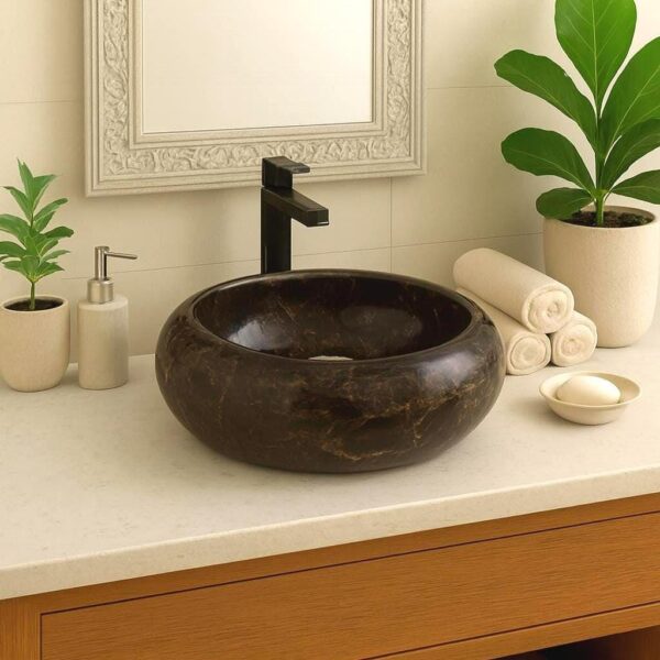Round Stone Bathroom Basin | Modern Countertop Sink | Handmade Vanity Bowl