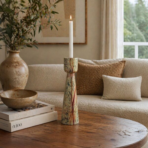 Handmade Green Marble Candle Holder: Natural Stone Centerpiece, 14"