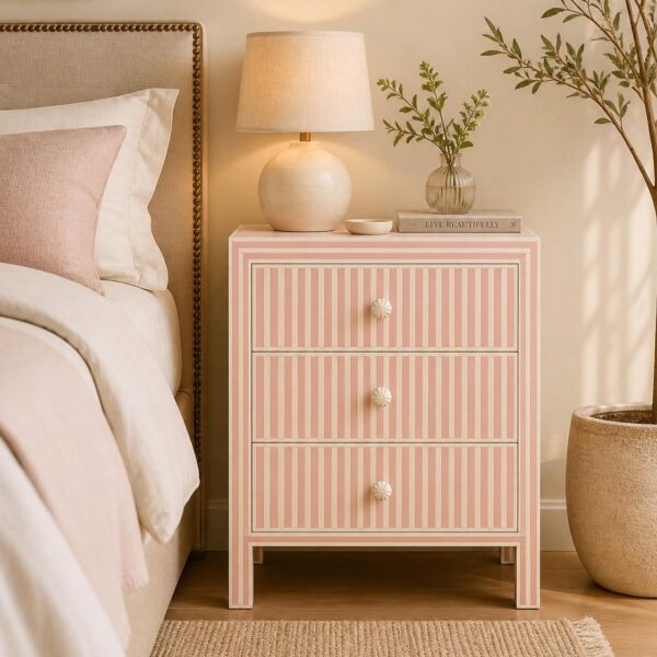 Handmade Bone Inlay Waterfall Bedside Table: Striped Pattern Nightstand