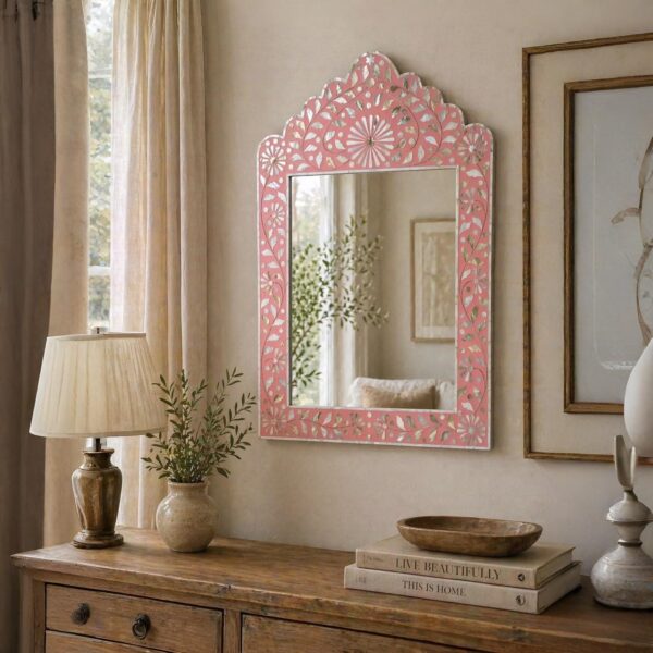 Handmade Mother of Pearl Mirror | Mop Floral Design | Decorative Entryway Mirror