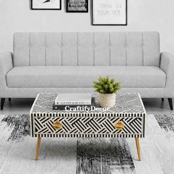 Handmade Bone-Inlay Coffee Table | Optical pattern Drawer 1 Coffee-Table | Handcrafted Center Table | Serving-Table