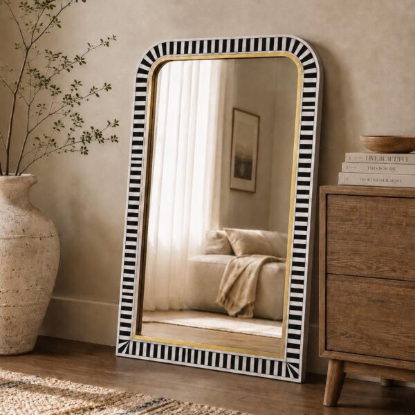 Black Striped Arched Mirror, Handmade Boho Vanity Accent Mirror
