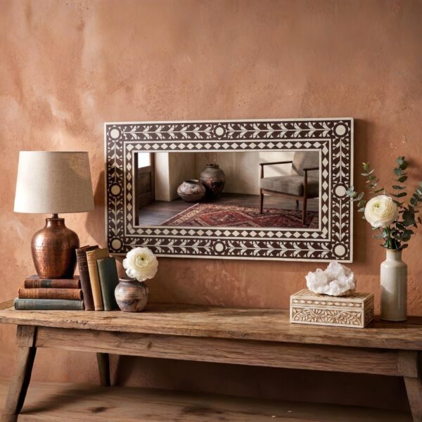Bone Inlay Floor Mirror Geometrical Design Rectangular Full Length Home Decor