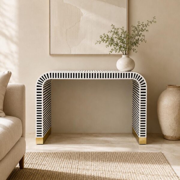 Handcrafted Bone Inlay Waterfall Console Table: Striped pattern table