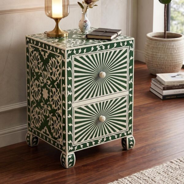 Handmade Bone Inlay 2 Drawer Chest, Floral Inlay Dresser, Luxury Nightstand Storage Furniture