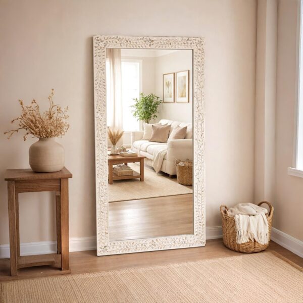 Mother of Peal Inlay Floor Mirror White Floral Design Rectangular Full Length Home Decor