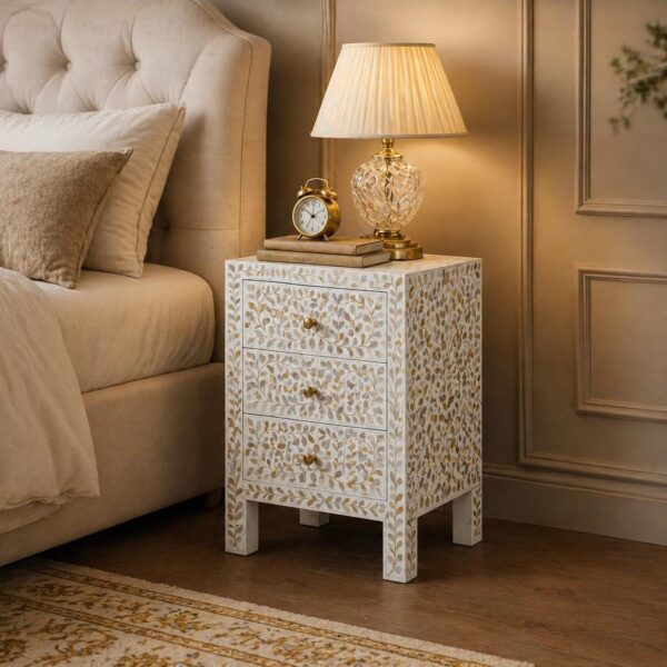 Handmade Mother of Pearl inlay Nightstand | Floral Bedside table| 3 Drawer  Home Decor