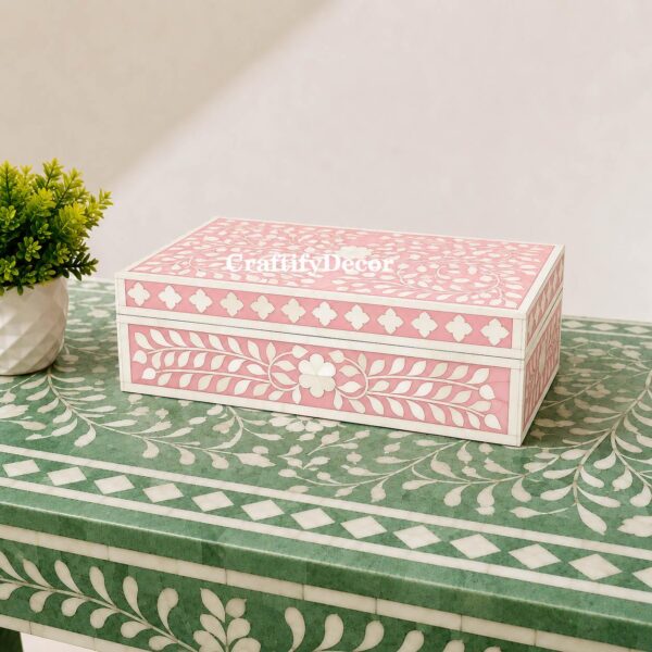 pink Bone Inlay Storage Box: Handcrafted Floral Jewelry Organizer