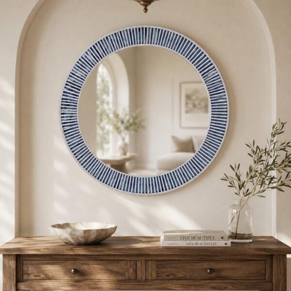 Handmade Bone Inlay Round Mirror: Blue Stripe