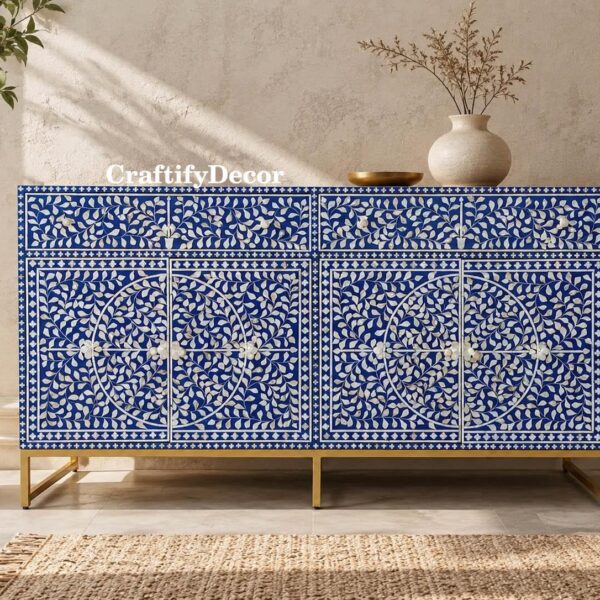Handcrafted Mother of Pearl Inlay 2 Drawer 4 Door Cabinet | Blue Indian Furniture