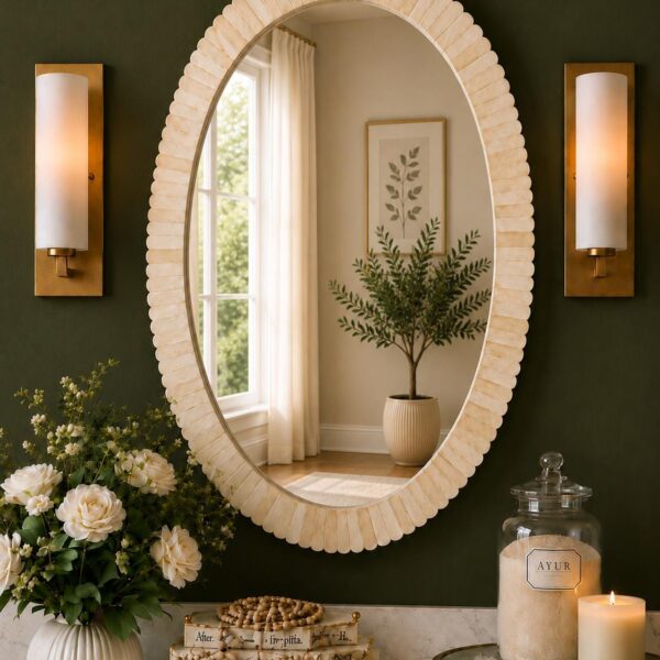 Oval Bone Inlay Mirror | Handcrafted Wall Mirror | Bohemian Home Décor