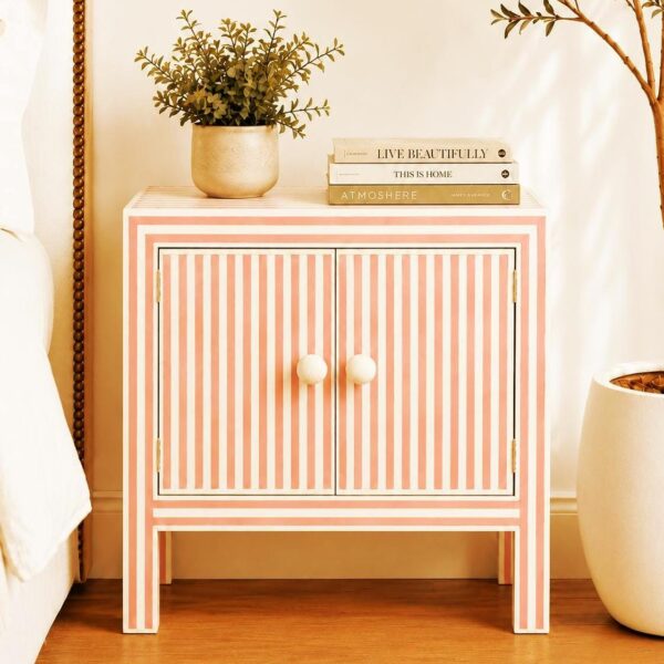 Handmade Bone Inlay Pink Striped Nightstand, Handmade Bedside Cabinet &  Storage Table
