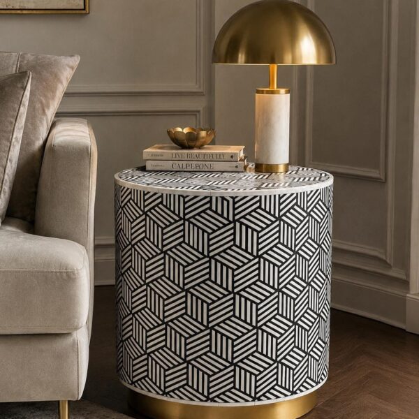 Handmade Bone Inlay End Table Geometric Eye Pattern Wooden Side Table