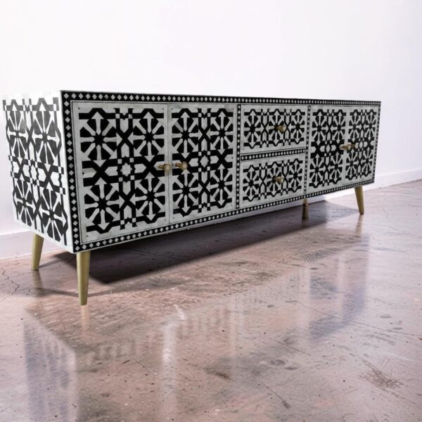 Handmade Bone Inlay Media Cabinet | Geometrical Cupboard | Modern Gaming Console