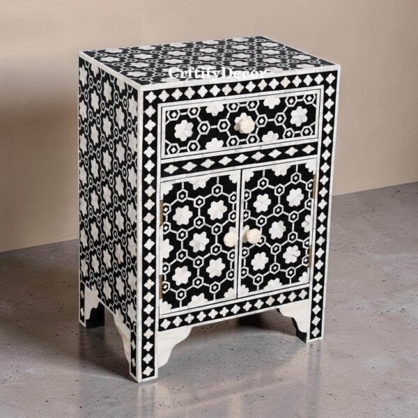 Handmade Bone Inlay Nightstand, Moroccan Floral Design 1 Drawer 2 Door Boho Bedside Cabinet