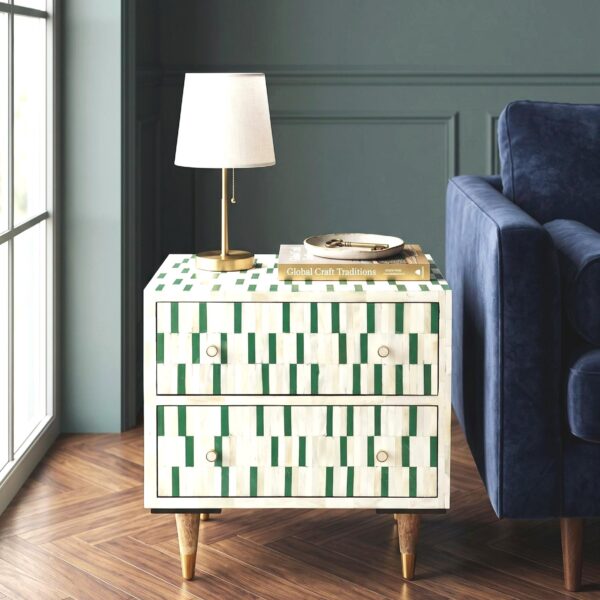 Handmade Bone Inlay 2 Drawer Chest, Lining Inlay Dresser, Luxury Nightstand Storage Furniture