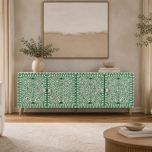 Handmade Green Bone Inlay Sideboard | Floral Boho Cabinet Media Console Storage