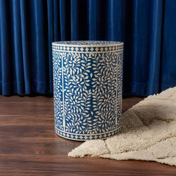 Handcrafted Bone Inlay Side Table | Floral Vine Stool | End & Sofa Boho Accent Furniture