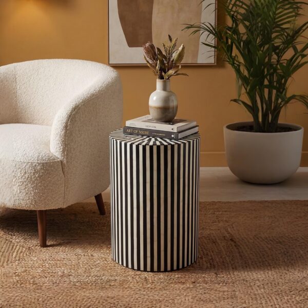 Bone Inlay Striped Round End Table, Bedside Stool Sofa Accent