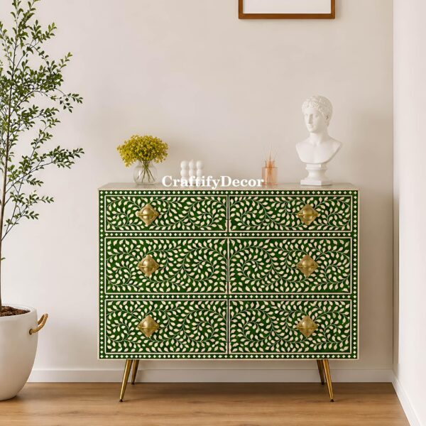 Handmade Bone Inlay 6-Drawer Sideboard: Floral Design Furniture