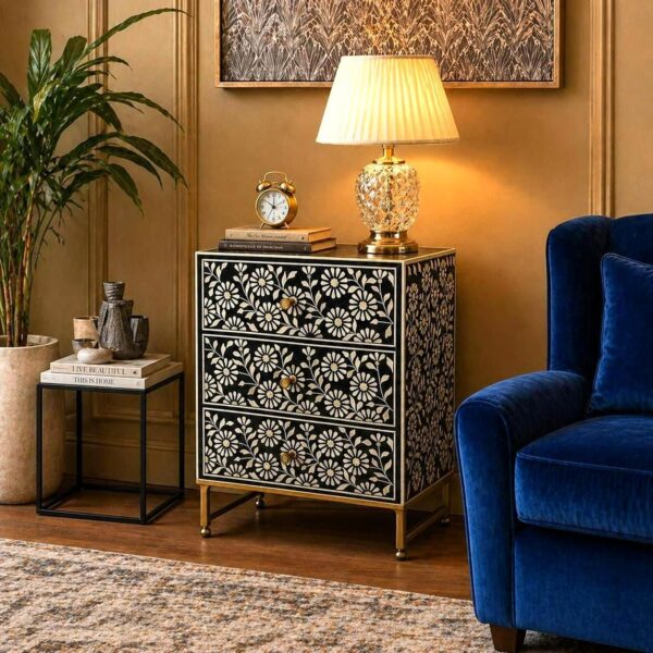 Handmade Bone inlay Nightstand | Floral Bedside table| 3 Drawer bed side | Home Decor Furniture