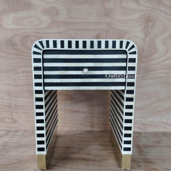 Handmade Bone Inlay Bedside Table: Striped Pattern Nightstand