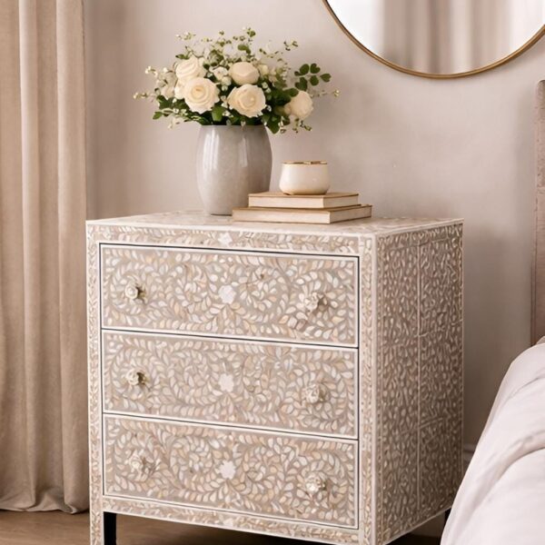Handmade Bone Inlay Nightstand | Floral Bedside Table | 3 Drawer Bed Side | Home Decor Furniture