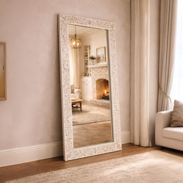 Mother of Peal Inlay Floor Mirror White Floral Design Rectangular Full Length Home Decor