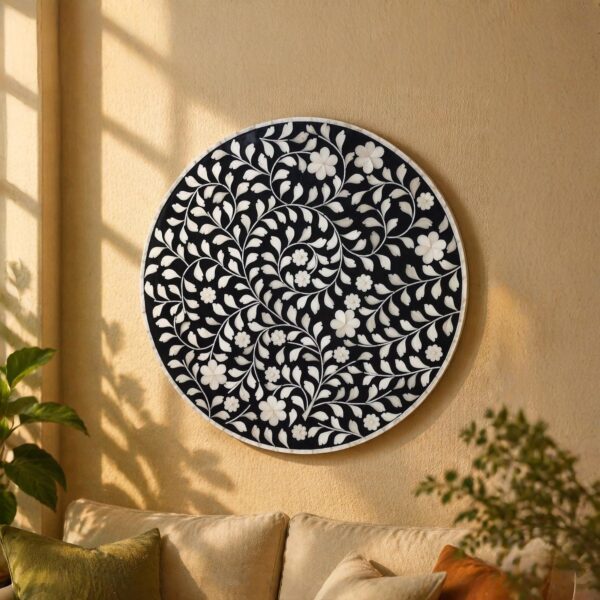 Handmade Bone Inlay Table Top | Black & White Floral Vine Design