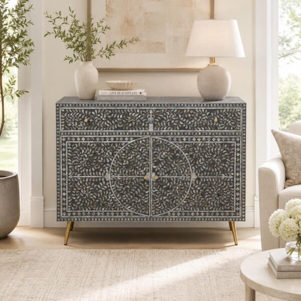 Handcrafted Mother of Pearl Inlay Cabinet | Dark Gray Sideboard Furniture
